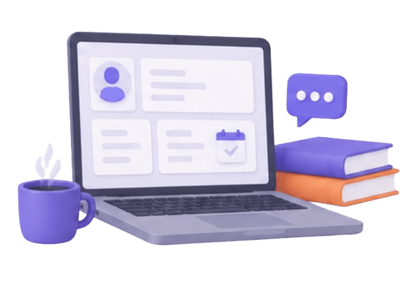 Laptop dashboard with coffee, books, and mentor chat